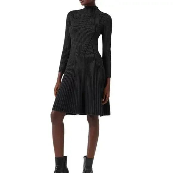 FRENCH CONNECTION WOMENS MEDIUM RIBBED KNIT LONG-SLEEVE DRESS CHARCOAL BLACK NEW - Picture 1 of 12